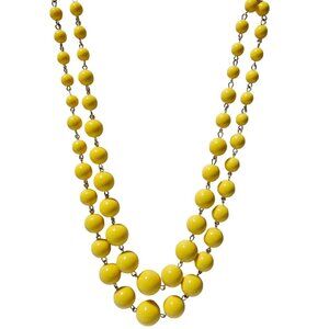 Vintage Yellow Beaded Double Strand Necklace Retro 50s 60s Fashion Jewelry Women